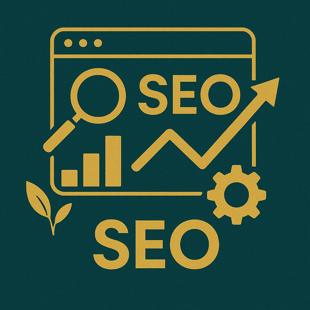 “High-quality SEO services illustration showing search optimization icons, growth graph, analytics, settings gear, and SEO strategy visuals for digital marketing agency Flora Digi.”