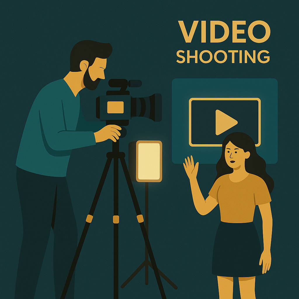 "Professional video shootings setup with camera, lighting, and production crew"